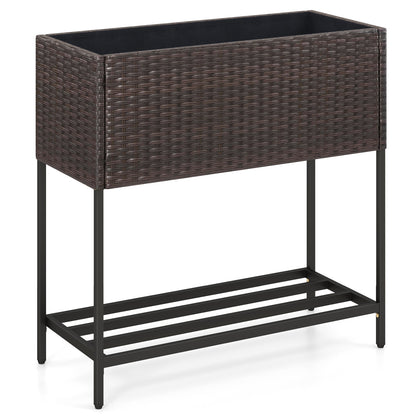 Lit de jardin surélevé en osier avec étagère de rangement, doublure amovible, marron