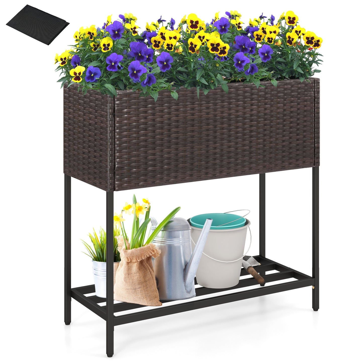 Lit de jardin surélevé en osier avec étagère de rangement, doublure amovible, marron