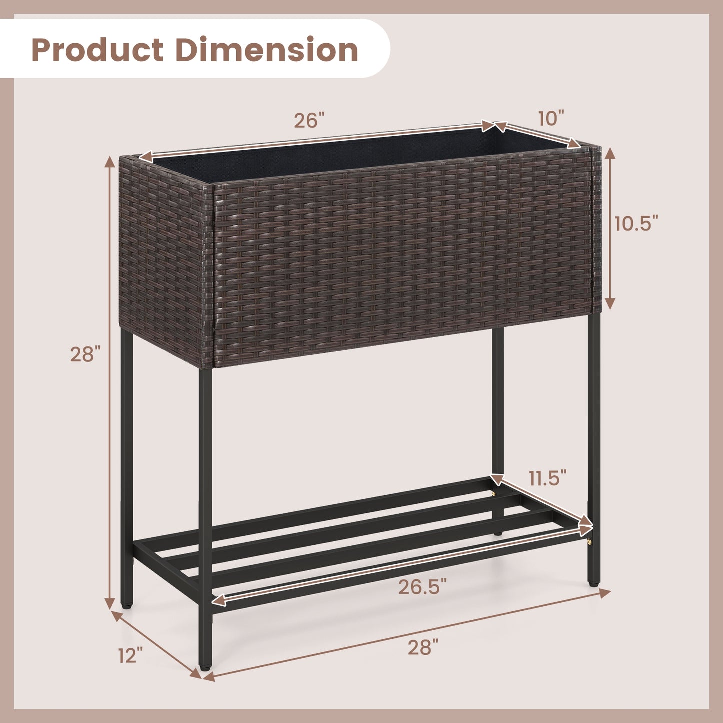 Lit de jardin surélevé en osier avec étagère de rangement, doublure amovible, marron