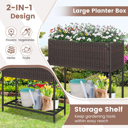 Lit de jardin surélevé en osier avec étagère de rangement, doublure amovible, marron