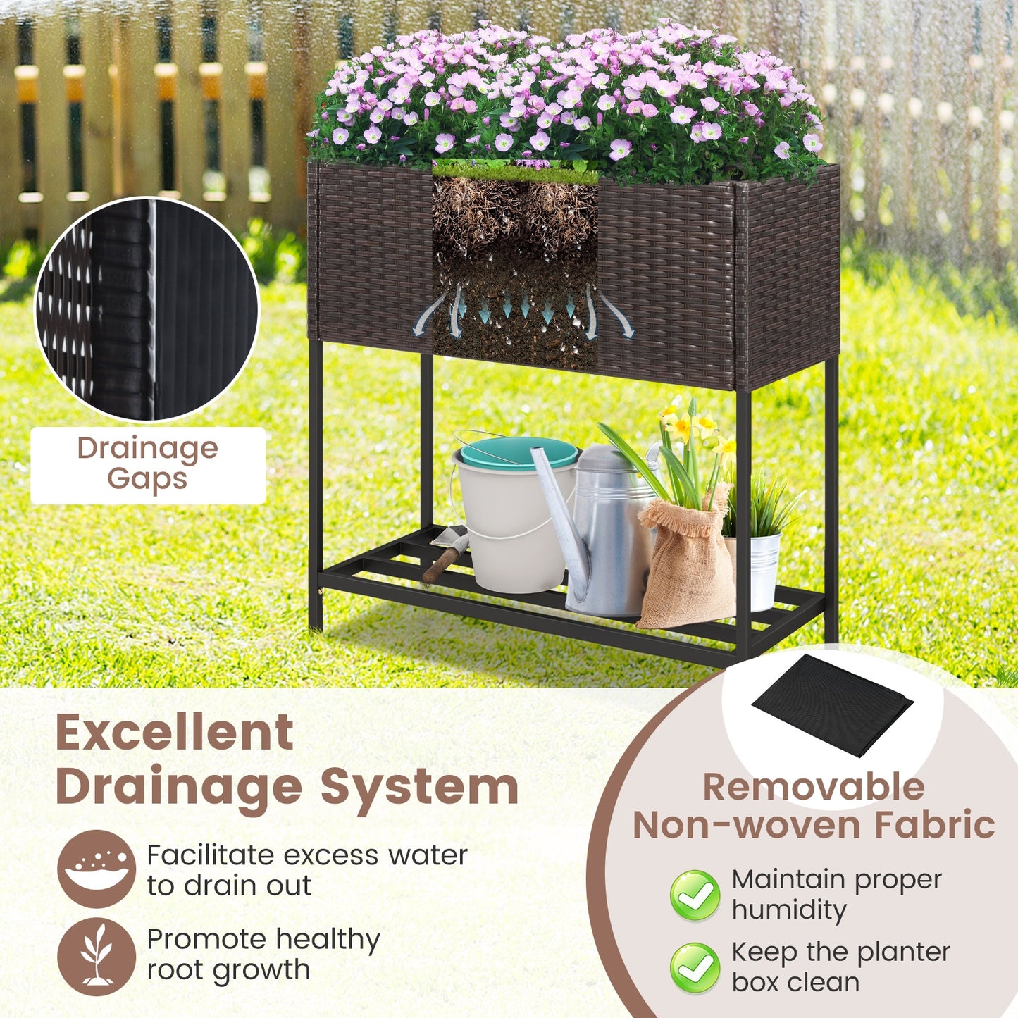 Lit de jardin surélevé en osier avec étagère de rangement, doublure amovible, marron