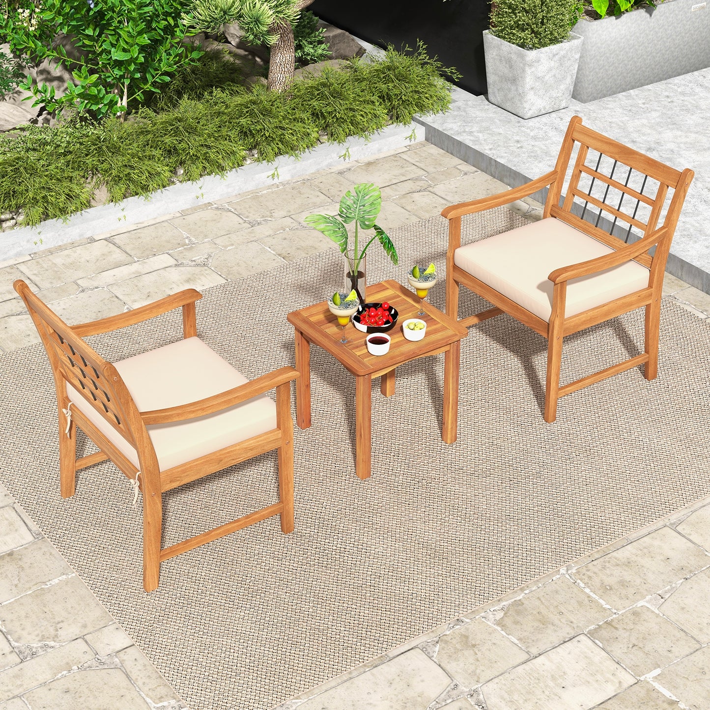 3 Piece Wood Patio Furniture Set with Seat Cushions and Acacia Wood Frame, White Patio Conversation Sets at Gallery Canada