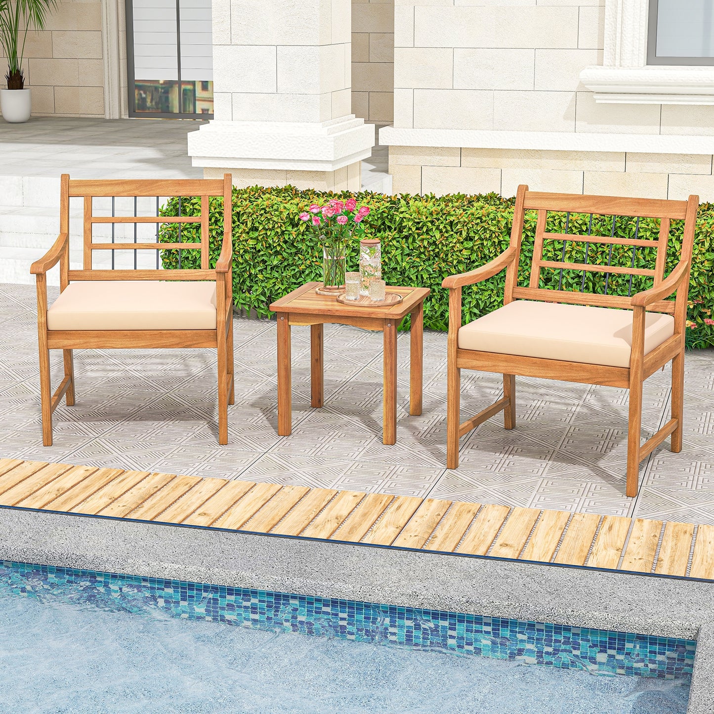 3 Piece Wood Patio Furniture Set with Seat Cushions and Acacia Wood Frame, White Patio Conversation Sets at Gallery Canada