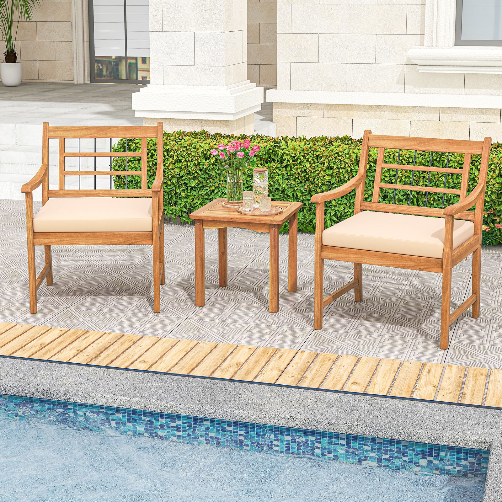 3 Piece Wood Patio Furniture Set with Seat Cushions and Acacia Wood Frame, White Patio Conversation Sets at Gallery Canada