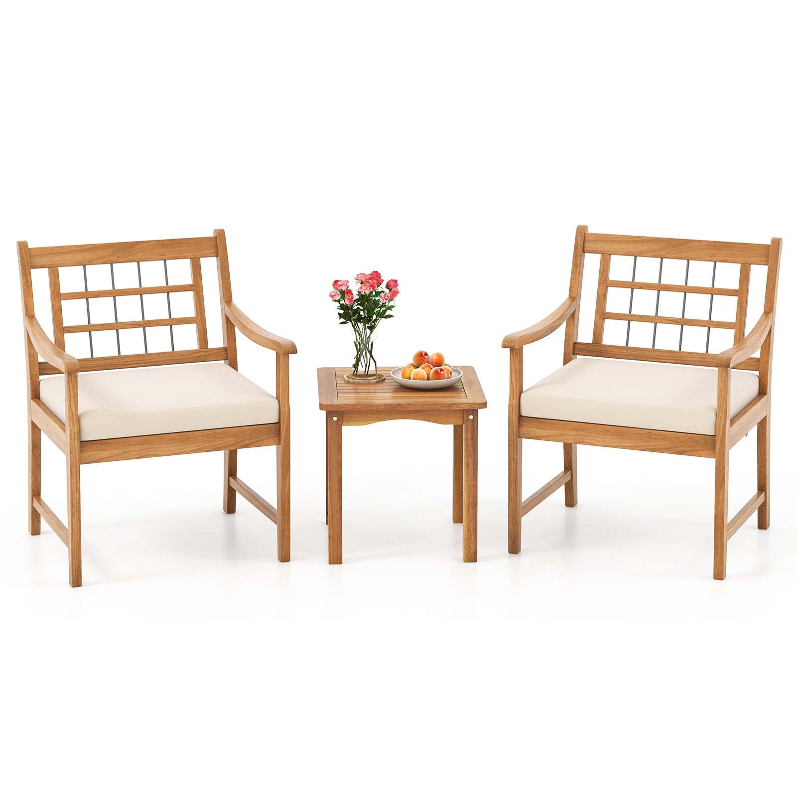 3 Piece Wood Patio Furniture Set with Seat Cushions and Acacia Wood Frame, White Patio Conversation Sets at Gallery Canada
