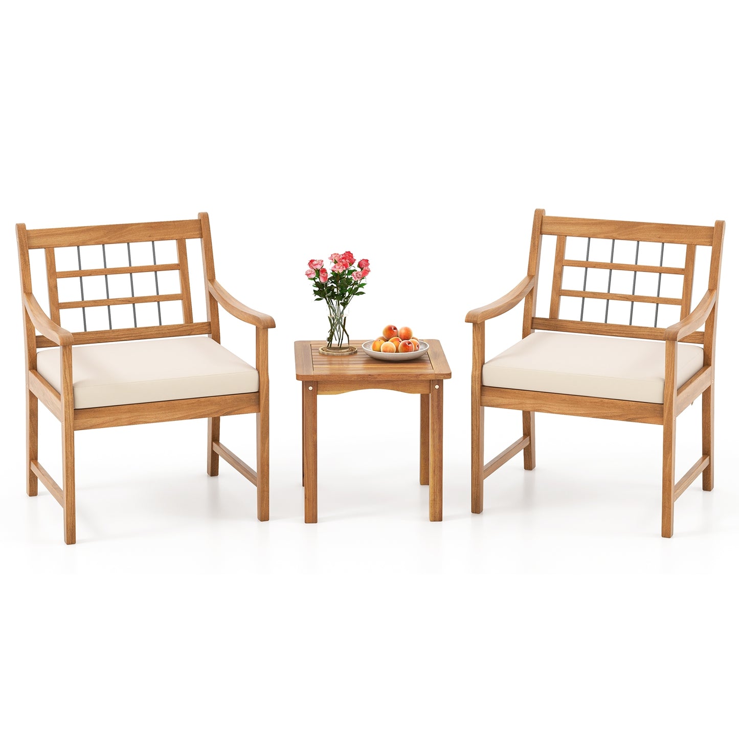 3 Piece Wood Patio Furniture Set with Seat Cushions and Acacia Wood Frame, White Patio Conversation Sets at Gallery Canada
