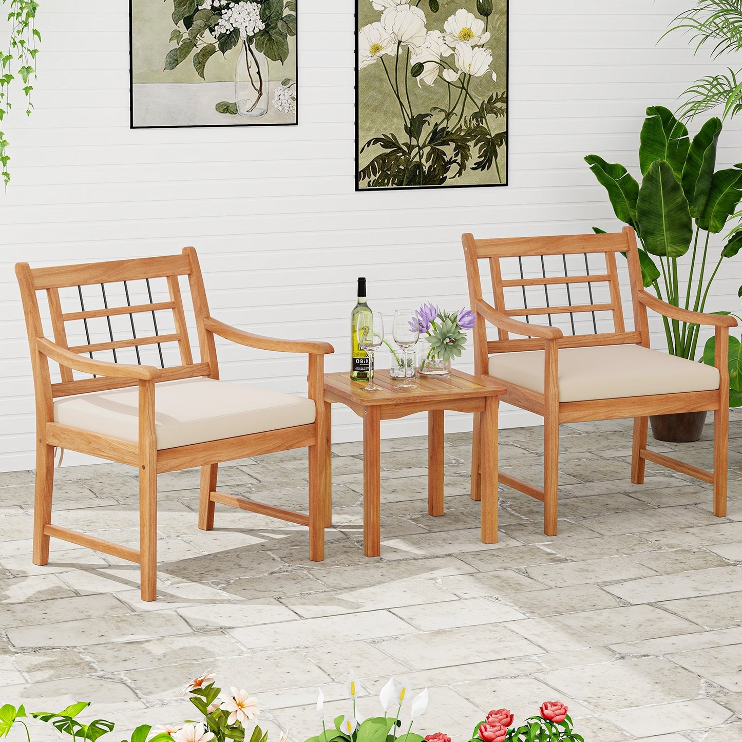 3 Piece Wood Patio Furniture Set with Seat Cushions and Acacia Wood Frame, White Patio Conversation Sets at Gallery Canada