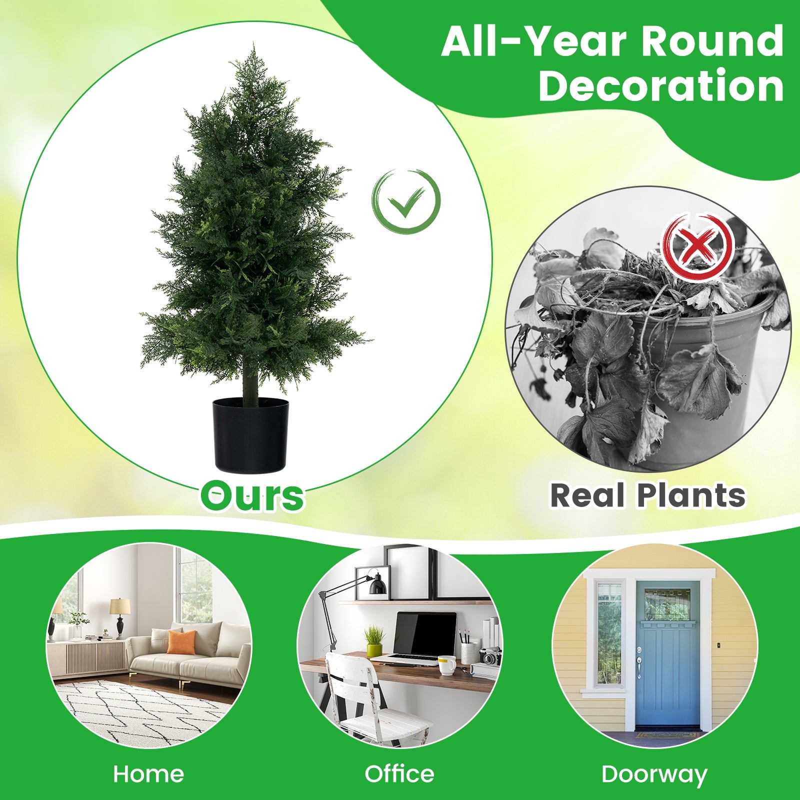 Artificial Cedar Topiary Tree with Plastic Nursery Pot for Porch and Office, Black & Green Faux Plants at Gallery Canada