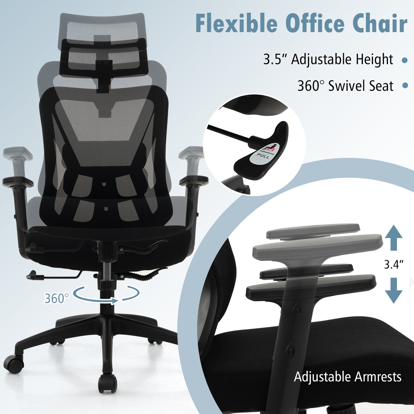 Mesh Ergonomic Office Chair Adjustable Swivel Task Chair with Rocking Backrest, Black Mesh Chairs at Gallery Canada