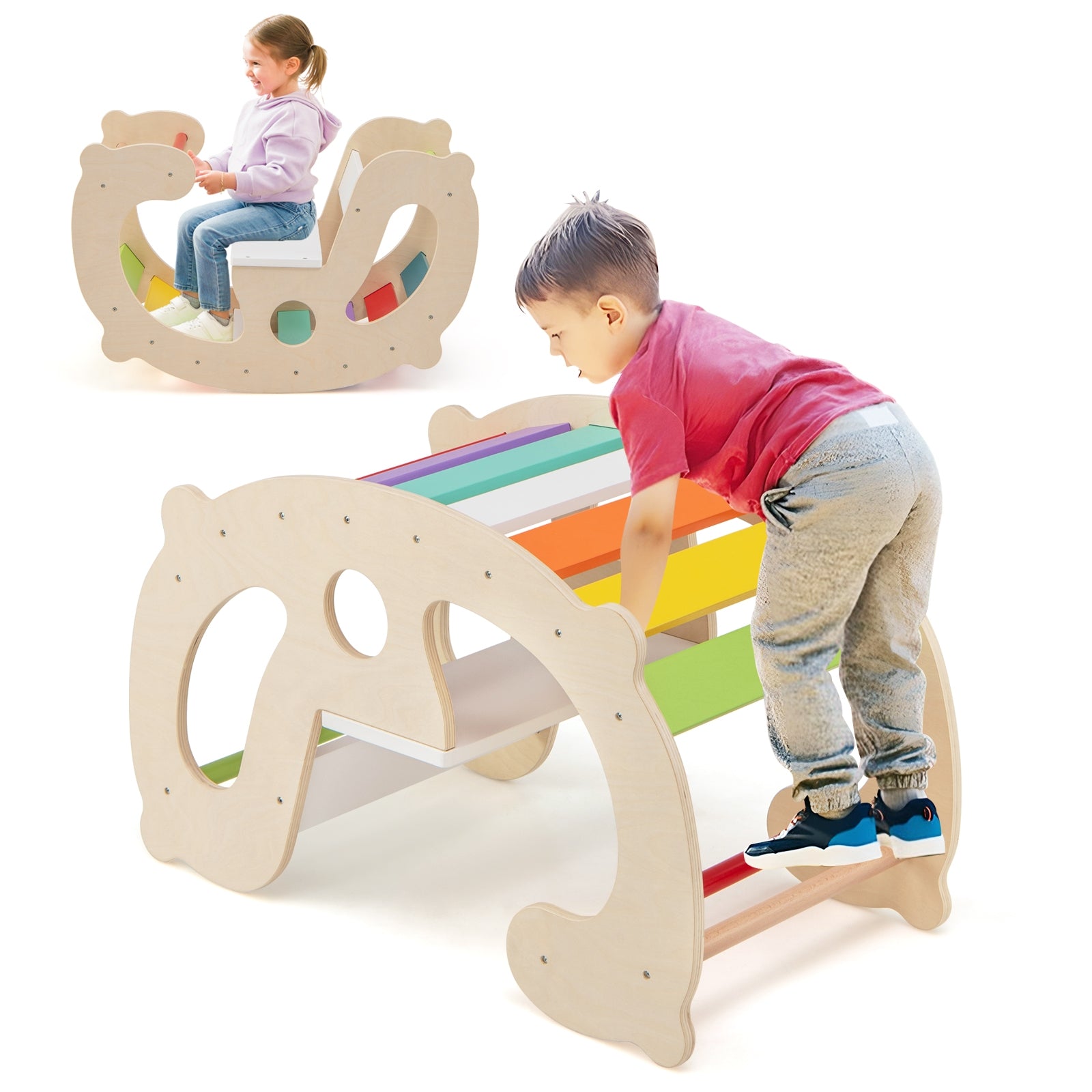 2-in-1 Rocking Horse Arch for Kids Montessori Climbing Toys with Arch Climber, Multicolor Climbers & Slides at Gallery Canada