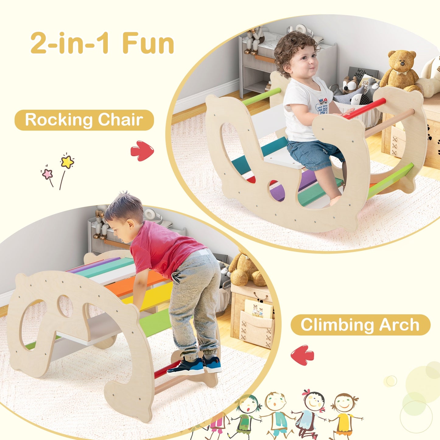 2-in-1 Rocking Horse Arch for Kids Montessori Climbing Toys with Arch Climber, Multicolor Climbers & Slides at Gallery Canada