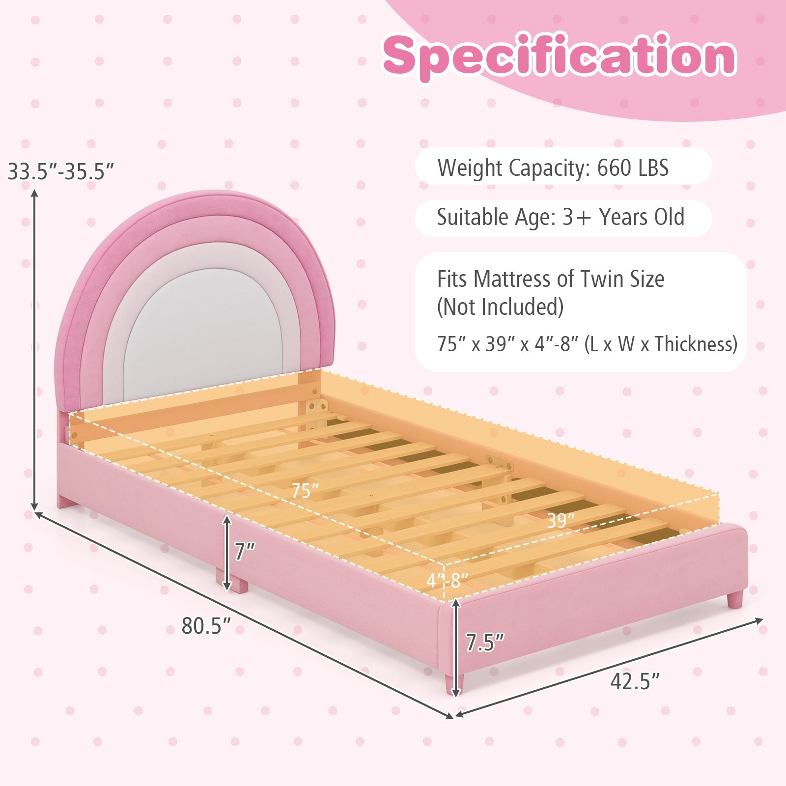 Twin Bed Frame with Height-Adjustable Headboard and Sturdy Wooden Slats, White & Pink Toddler Beds at Gallery Canada