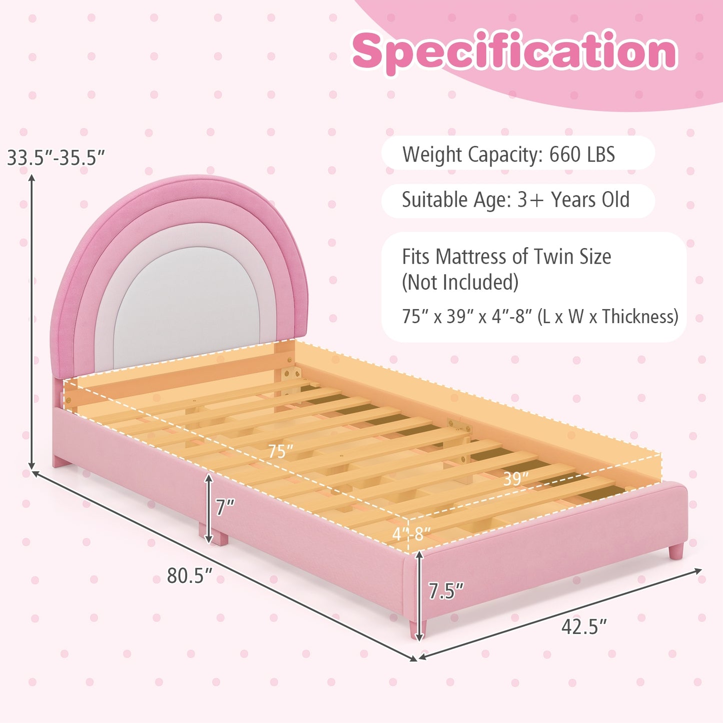 Twin Bed Frame with Height-Adjustable Headboard and Sturdy Wooden Slats, White & Pink Toddler Beds at Gallery Canada