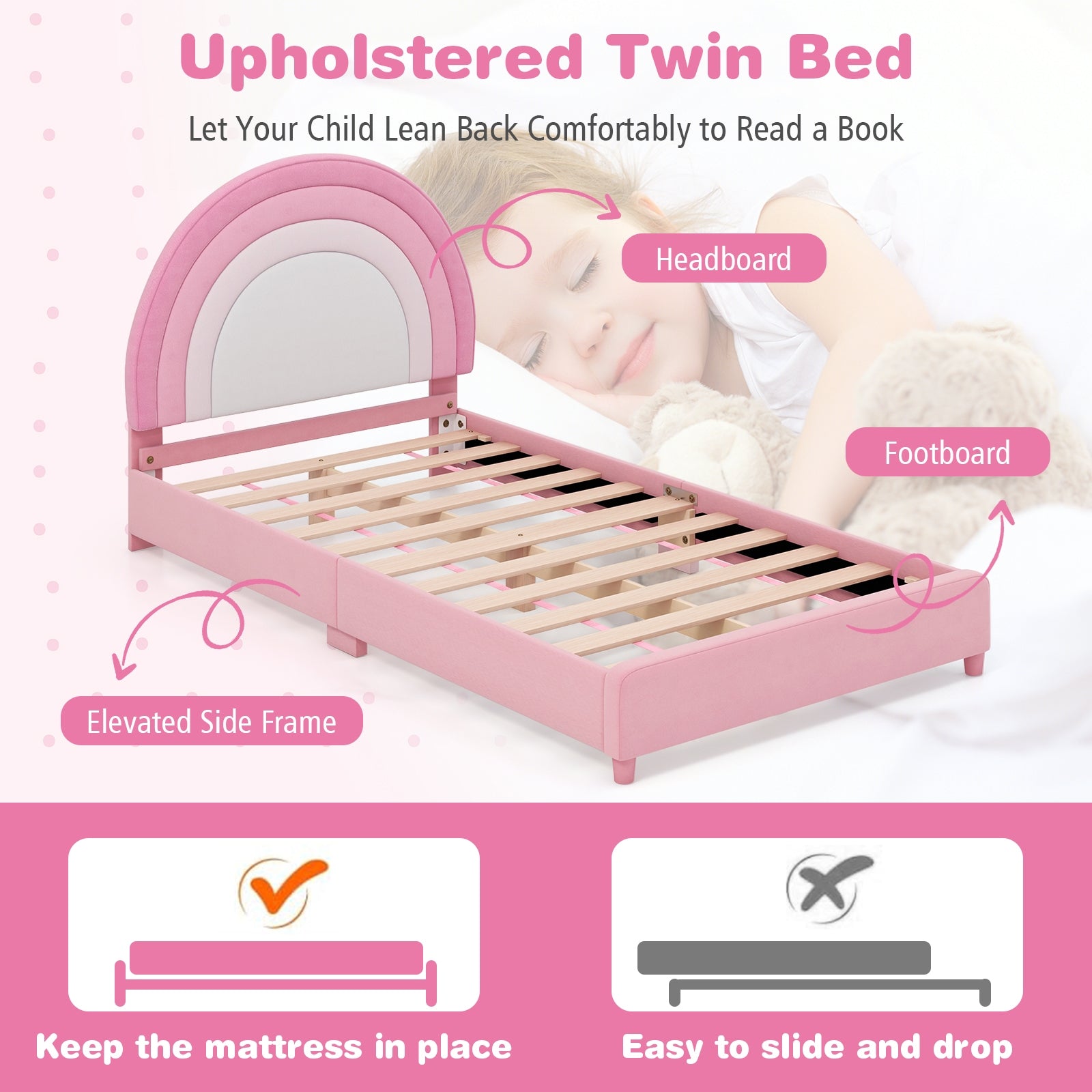 Twin Bed Frame with Height-Adjustable Headboard and Sturdy Wooden Slats, White & Pink Toddler Beds at Gallery Canada