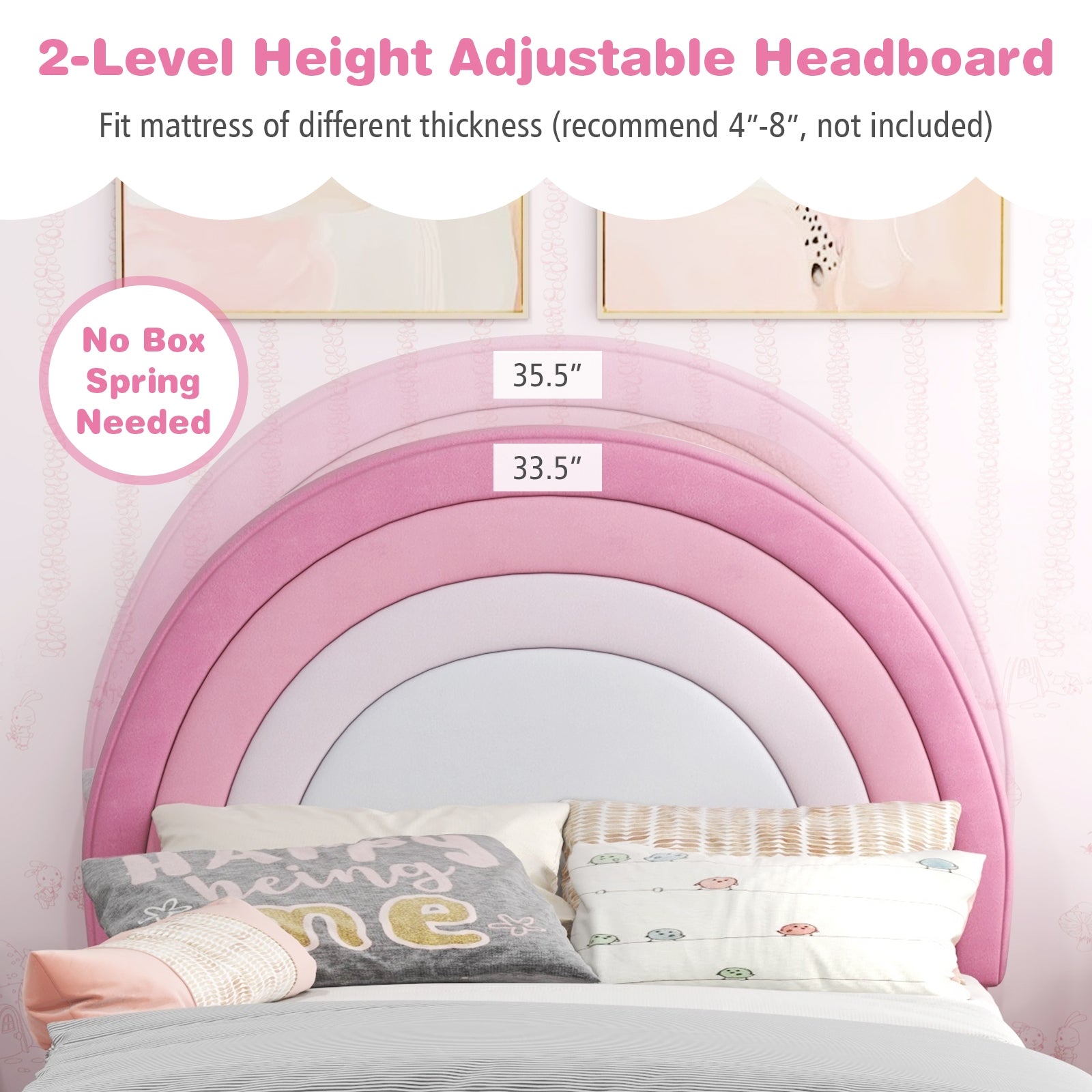 Twin Bed Frame with Height-Adjustable Headboard and Sturdy Wooden Slats, White & Pink Toddler Beds at Gallery Canada