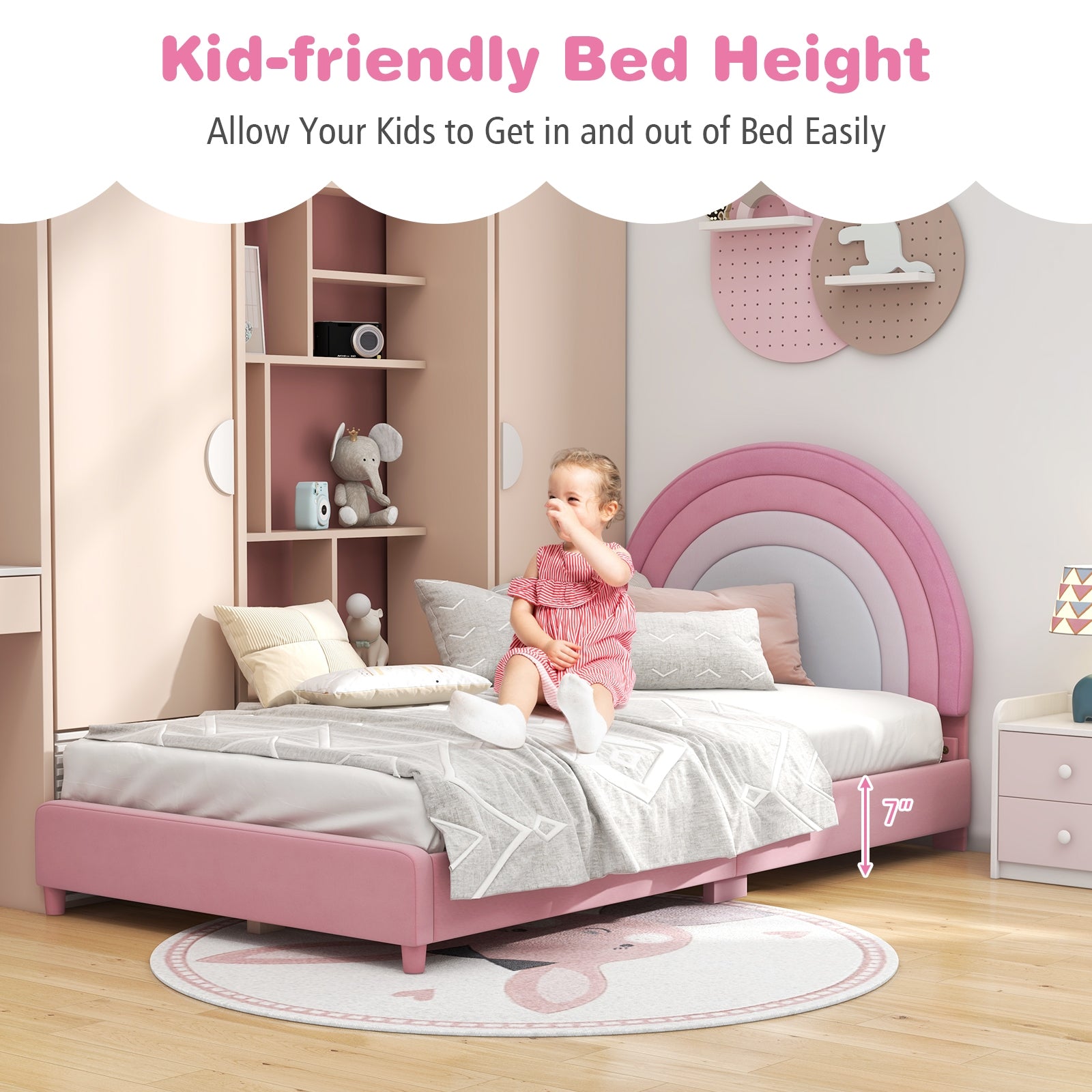 Twin Bed Frame with Height-Adjustable Headboard and Sturdy Wooden Slats, White & Pink Toddler Beds at Gallery Canada