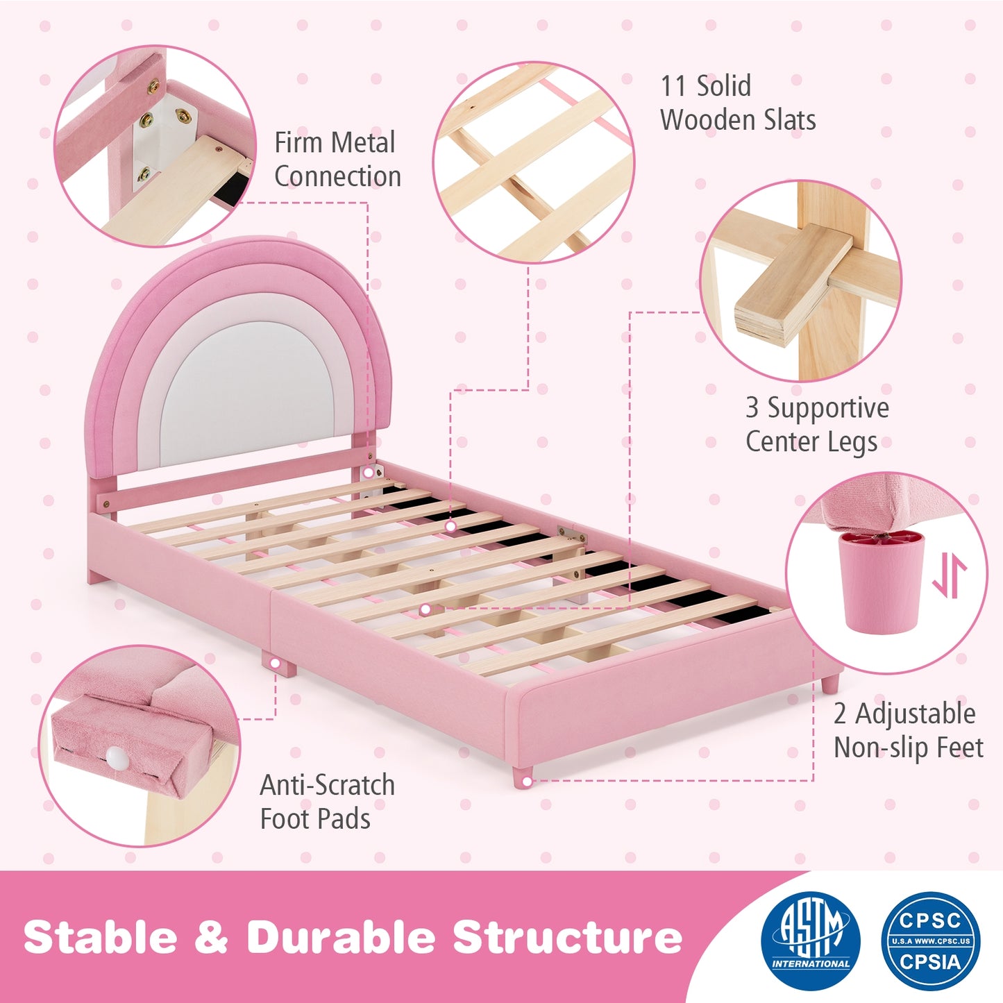 Twin Bed Frame with Height-Adjustable Headboard and Sturdy Wooden Slats, White & Pink Toddler Beds at Gallery Canada