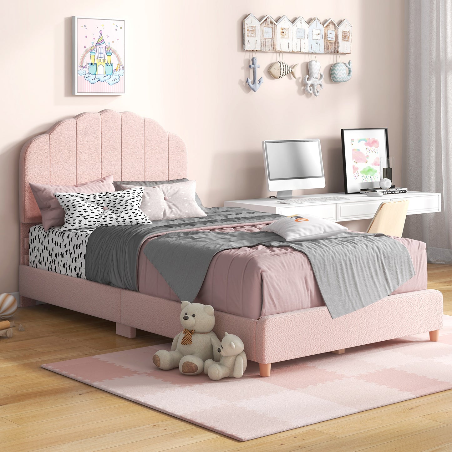 Twin Bed Frame with Height-Adjustable Headboard and Sturdy Wooden Slats, Pink Toddler Beds at Gallery Canada