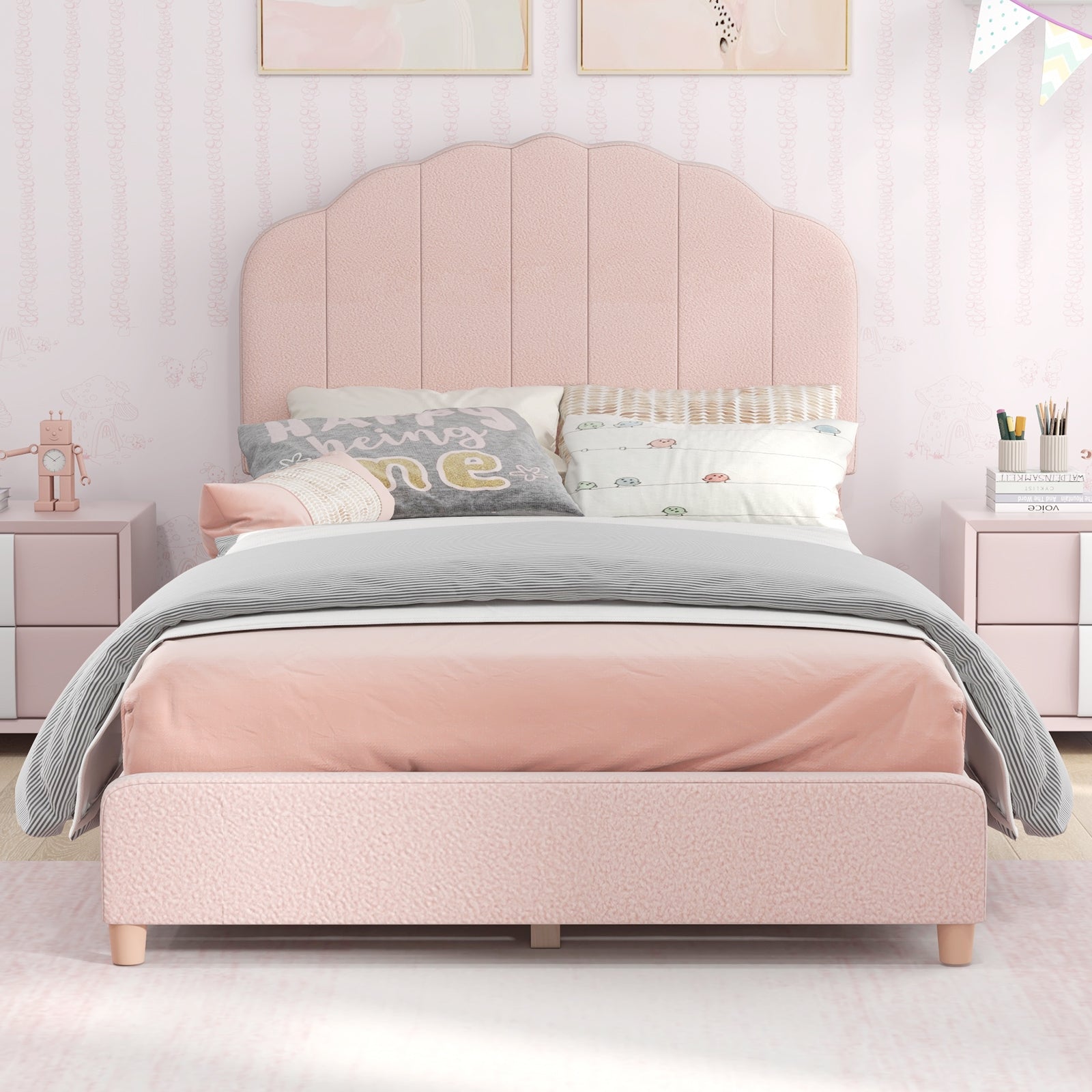 Twin Bed Frame with Height-Adjustable Headboard and Sturdy Wooden Slats, Pink Toddler Beds at Gallery Canada