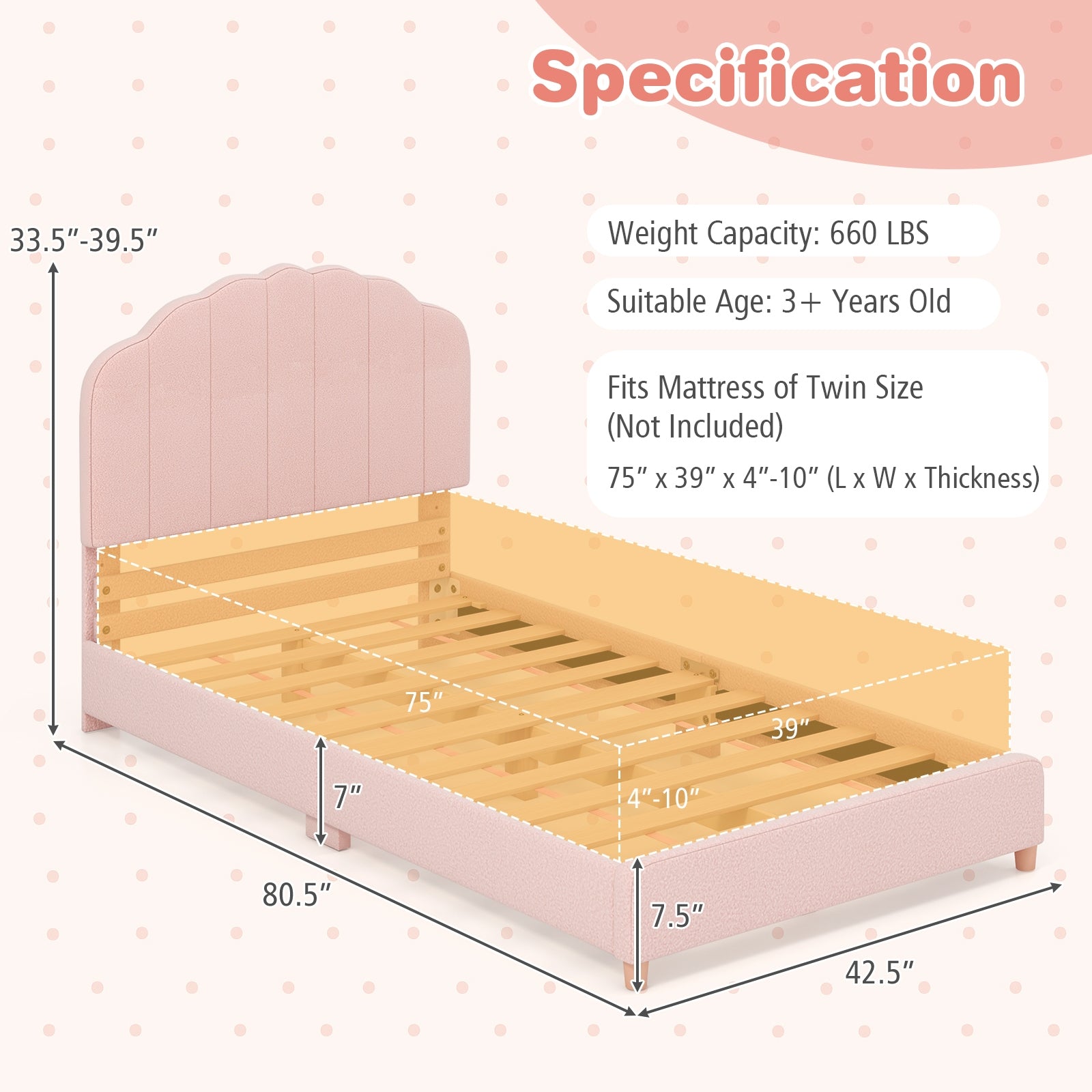 Twin Bed Frame with Height-Adjustable Headboard and Sturdy Wooden Slats, Pink Toddler Beds at Gallery Canada