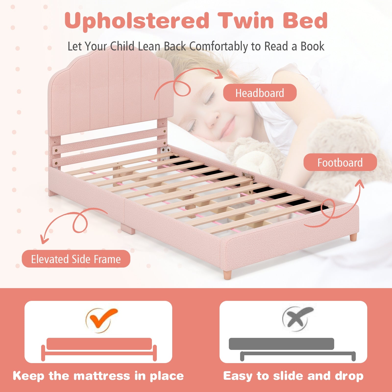 Twin Bed Frame with Height-Adjustable Headboard and Sturdy Wooden Slats, Pink Toddler Beds at Gallery Canada