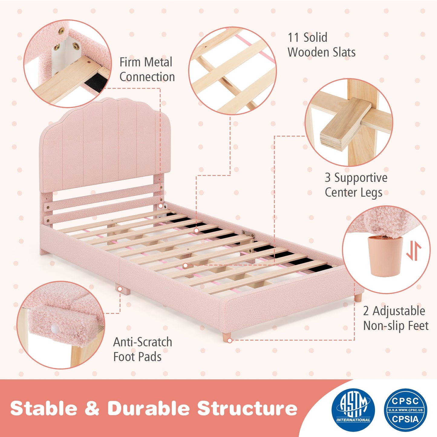 Twin Bed Frame with Height-Adjustable Headboard and Sturdy Wooden Slats, Pink Toddler Beds at Gallery Canada