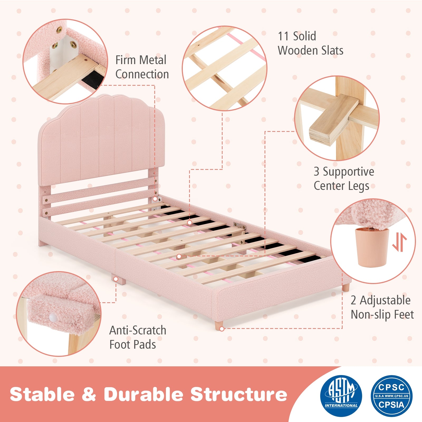 Twin Bed Frame with Height-Adjustable Headboard and Sturdy Wooden Slats, Pink Toddler Beds at Gallery Canada