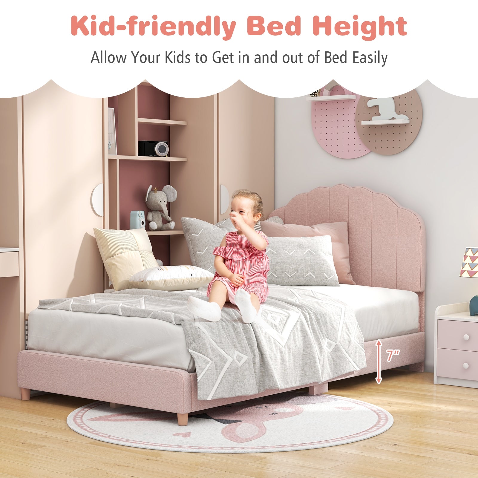 Twin Bed Frame with Height-Adjustable Headboard and Sturdy Wooden Slats, Pink Toddler Beds at Gallery Canada
