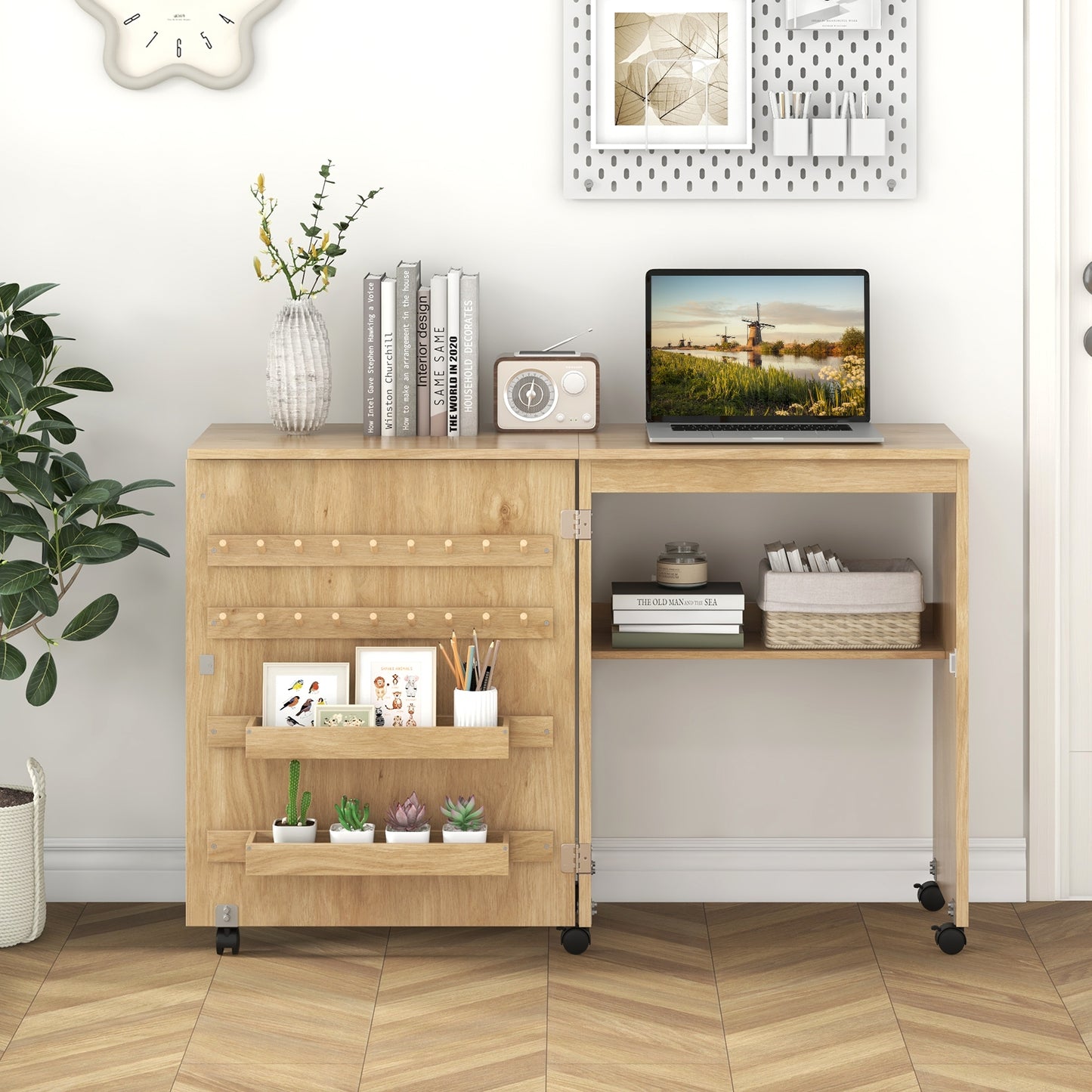 Folding Sewing Table with Storage Shelf and 5 Lockable Wheels, Natural Sewing Tables at Gallery Canada