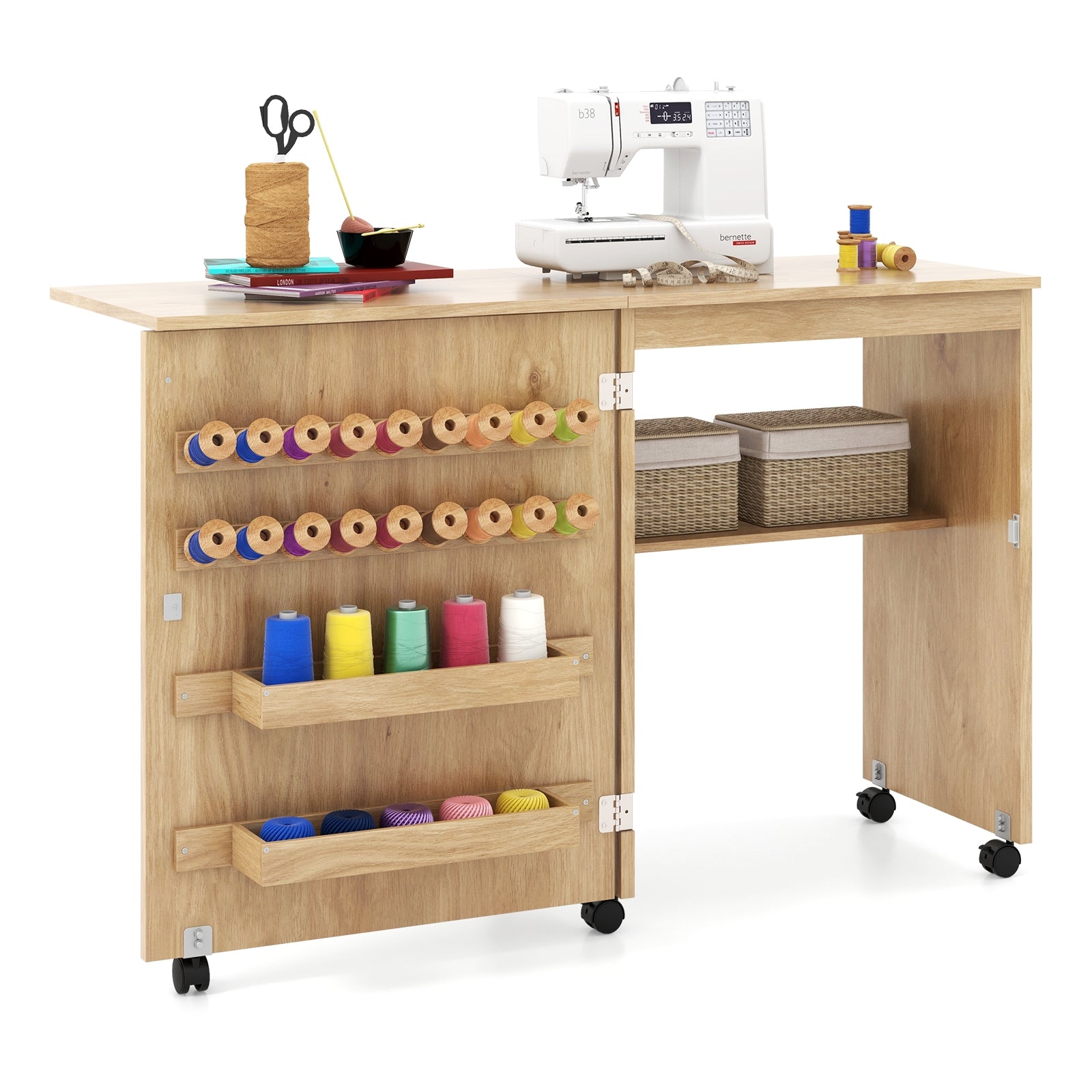 Folding Sewing Table with Storage Shelf and 5 Lockable Wheels, Natural Sewing Tables at Gallery Canada