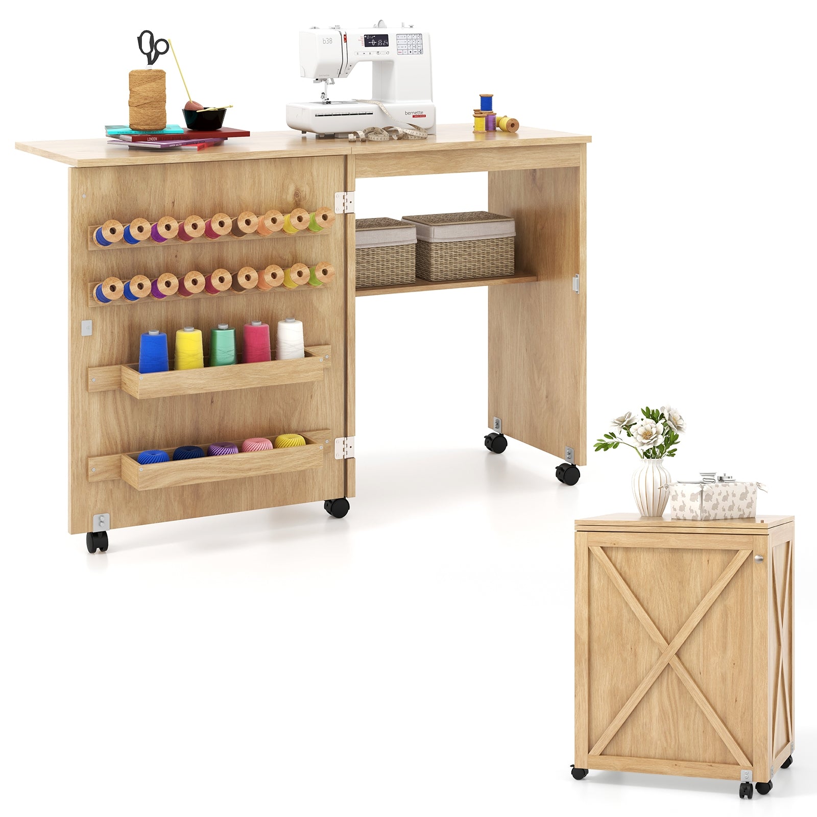 Folding Sewing Table with Storage Shelf and 5 Lockable Wheels, Natural Sewing Tables at Gallery Canada