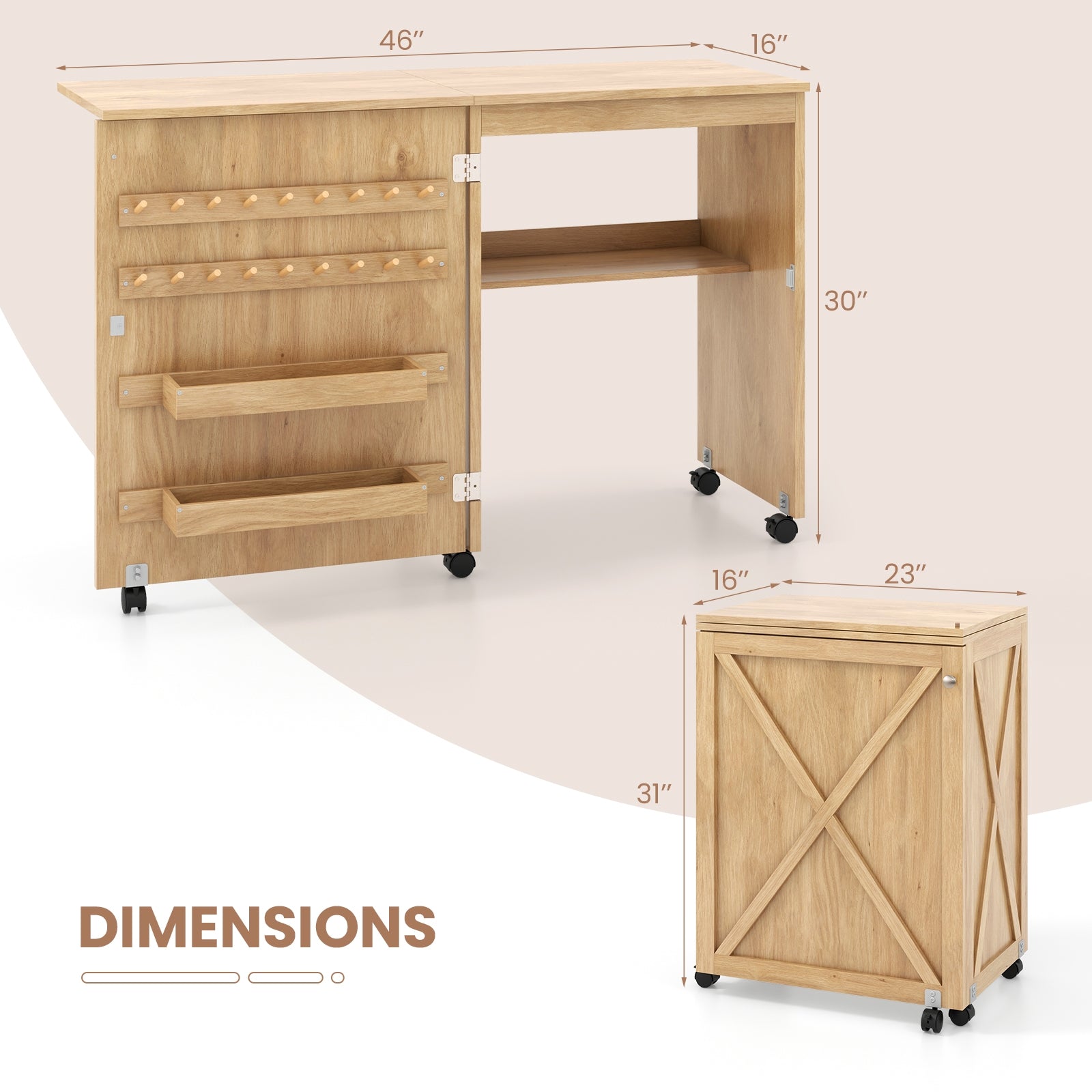 Folding Sewing Table with Storage Shelf and 5 Lockable Wheels, Natural Sewing Tables at Gallery Canada