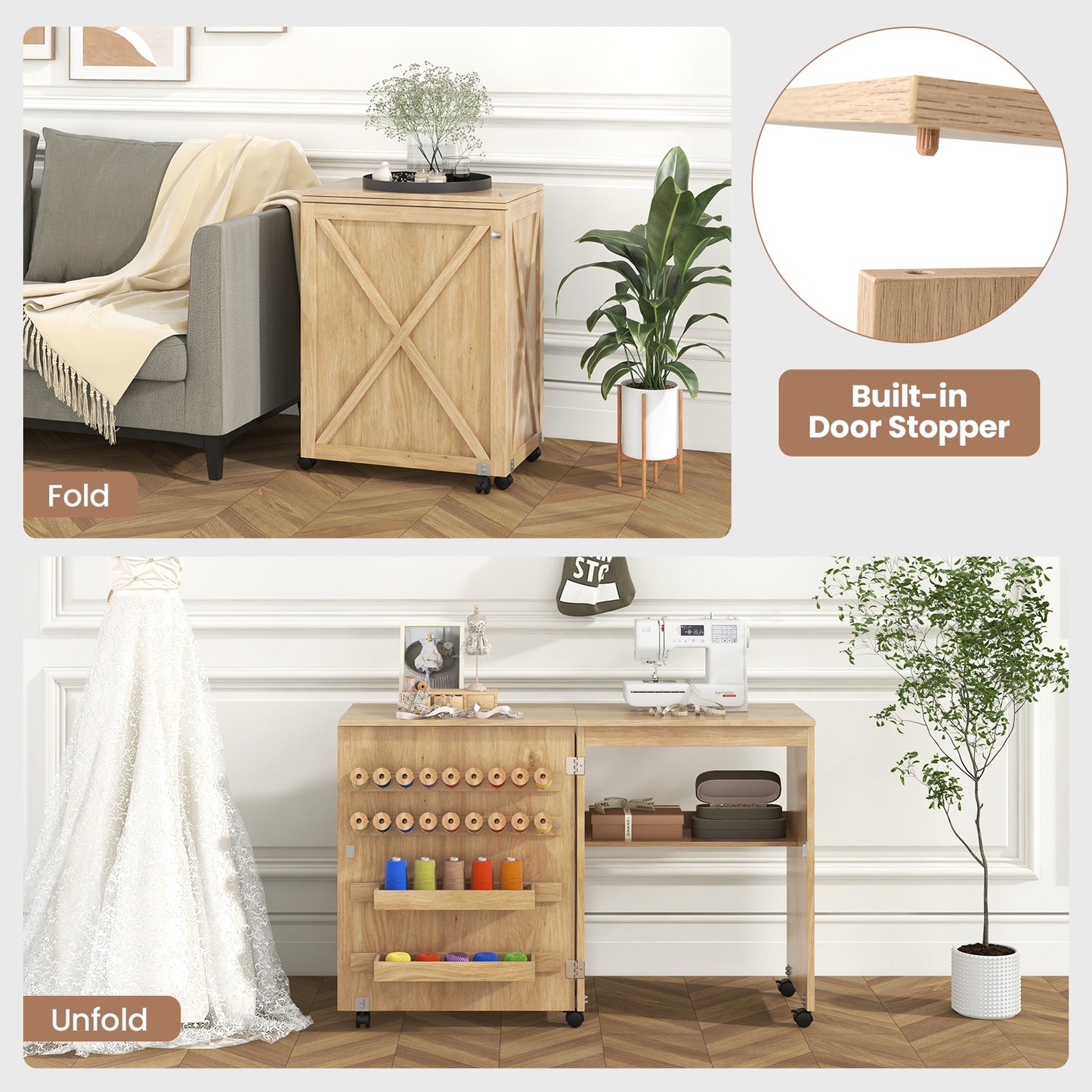 Folding Sewing Table with Storage Shelf and 5 Lockable Wheels, Natural Sewing Tables at Gallery Canada