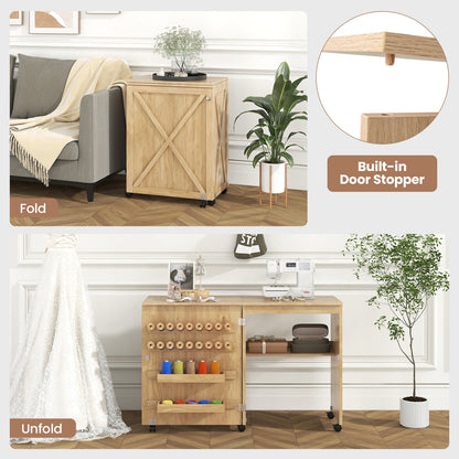 Folding Sewing Table with Storage Shelf and 5 Lockable Wheels, Natural Sewing Tables at Gallery Canada