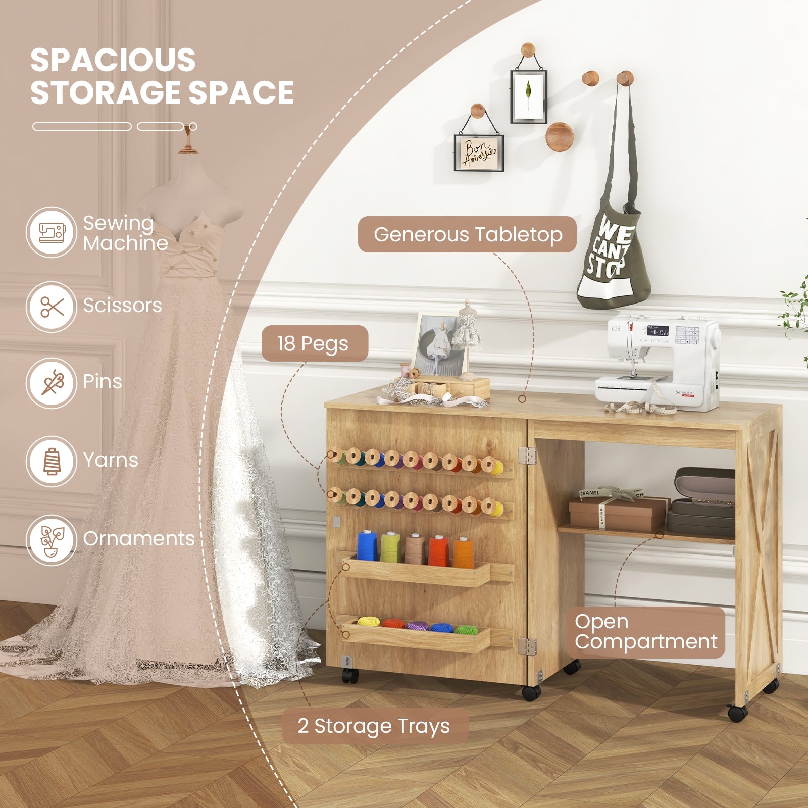 Folding Sewing Table with Storage Shelf and 5 Lockable Wheels, Natural Sewing Tables at Gallery Canada