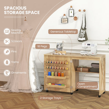 Folding Sewing Table with Storage Shelf and 5 Lockable Wheels, Natural Sewing Tables at Gallery Canada