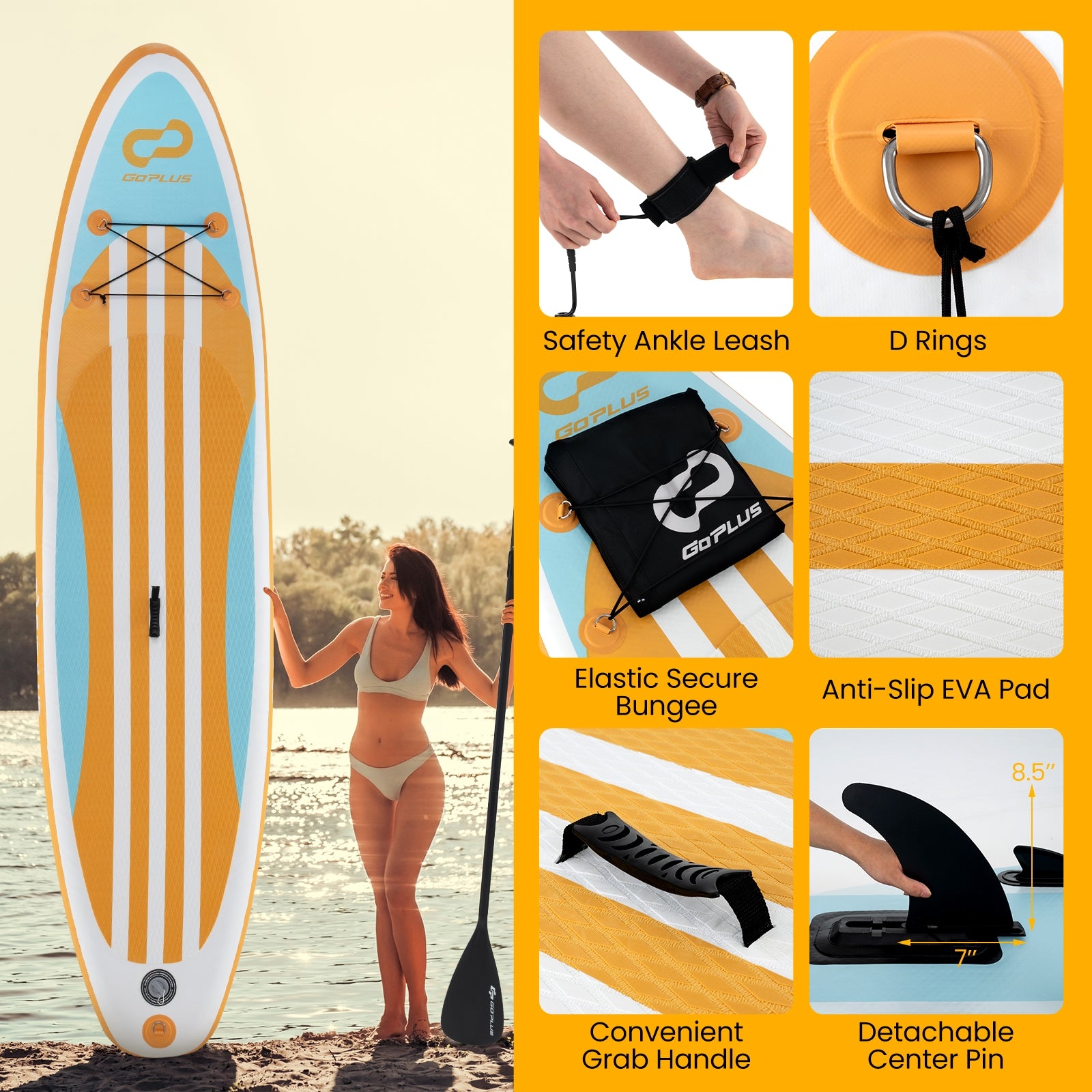 Inflatable Stand up Paddle Board with Adjustable Paddle and 3 Fins for Adults and Youths-L, Orange Surfing at Gallery Canada
