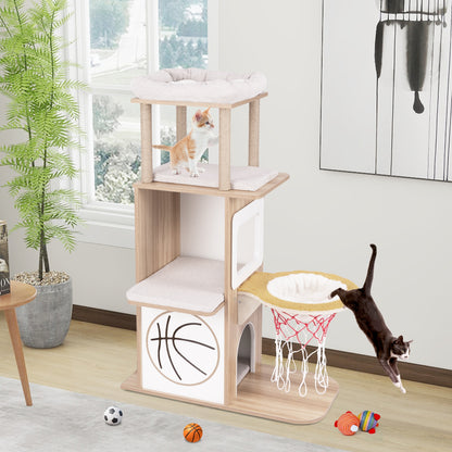 47 Inches Wooden Cat Tree with 2-Story Cat Condo and Basketball Hoop Hammock, Natural Cat Trees Condos & Scratchers at Gallery Canada