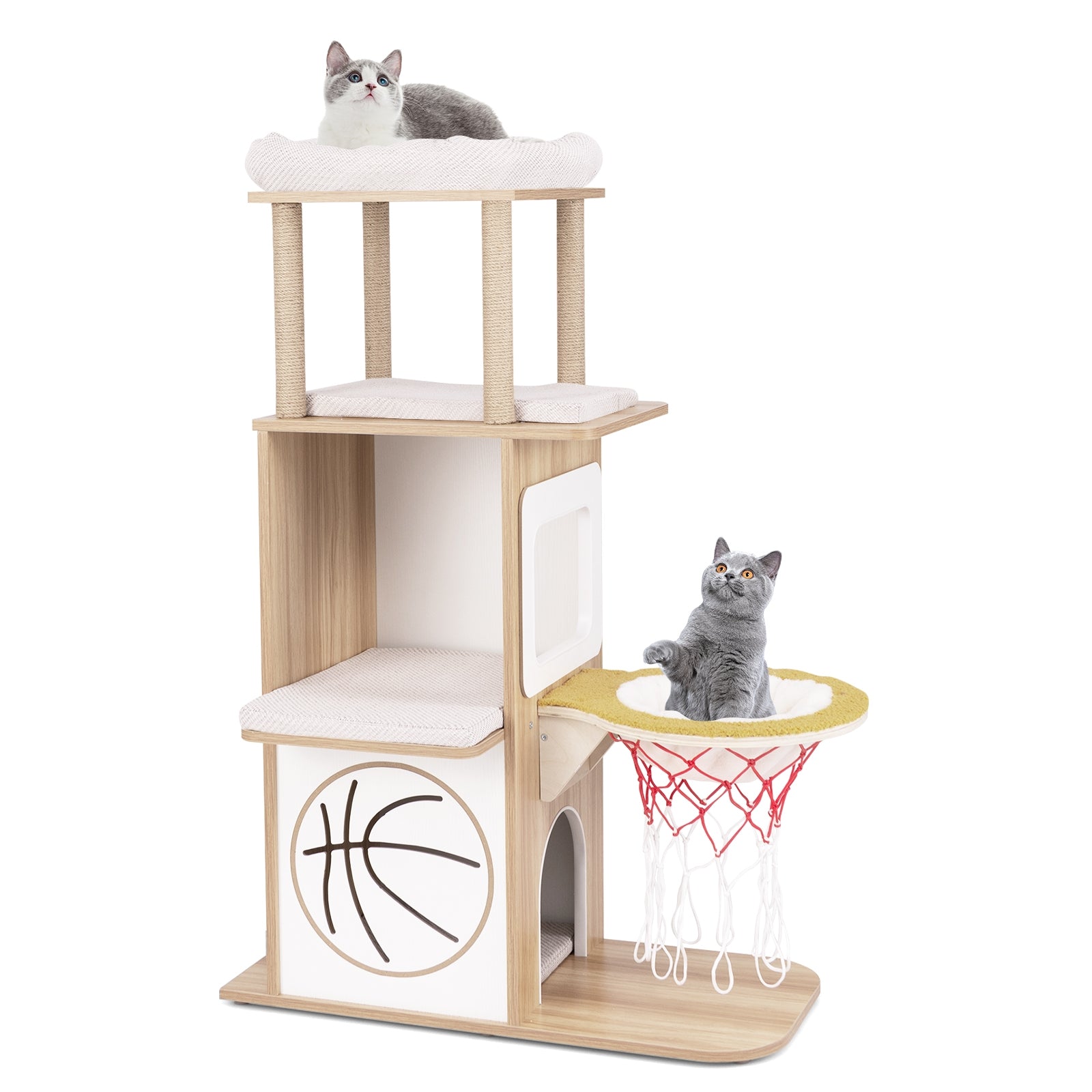47 Inches Wooden Cat Tree with 2-Story Cat Condo and Basketball Hoop Hammock, Natural Cat Trees Condos & Scratchers at Gallery Canada