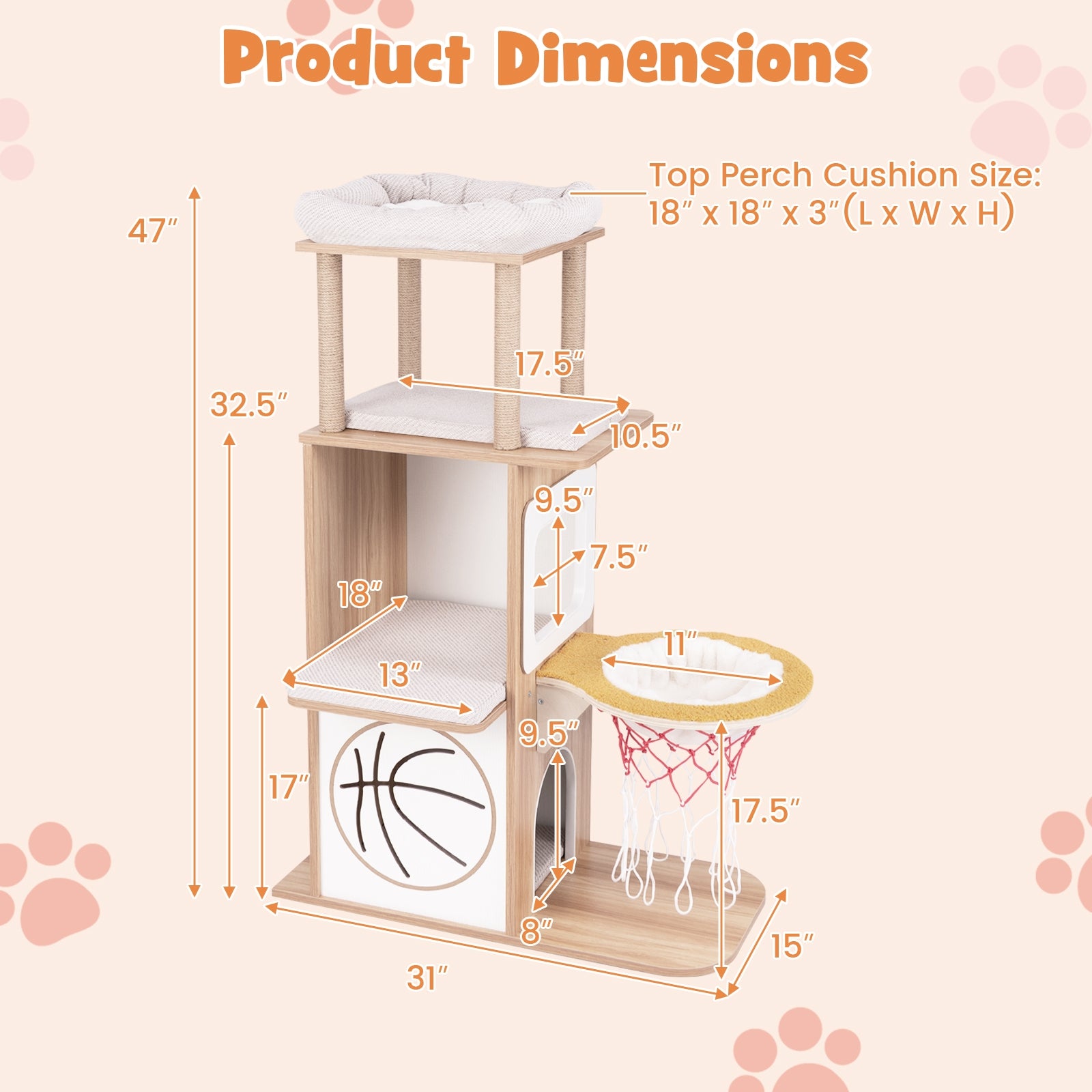 47 Inches Wooden Cat Tree with 2-Story Cat Condo and Basketball Hoop Hammock, Natural Cat Trees Condos & Scratchers at Gallery Canada