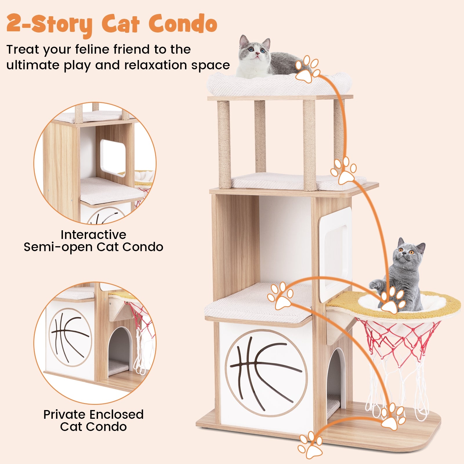 47 Inches Wooden Cat Tree with 2-Story Cat Condo and Basketball Hoop Hammock, Natural Cat Trees Condos & Scratchers at Gallery Canada
