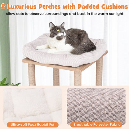 47 Inches Wooden Cat Tree with 2-Story Cat Condo and Basketball Hoop Hammock, Natural Cat Trees Condos & Scratchers at Gallery Canada