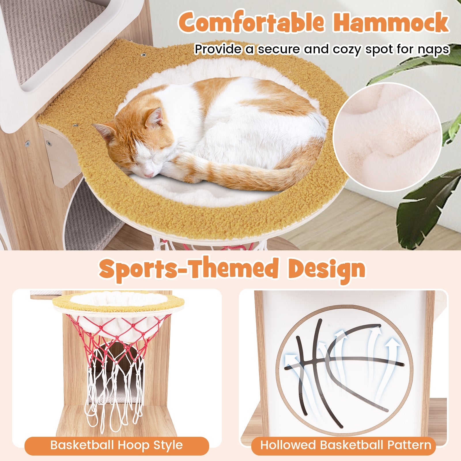 47 Inches Wooden Cat Tree with 2-Story Cat Condo and Basketball Hoop Hammock, Natural Cat Trees Condos & Scratchers at Gallery Canada