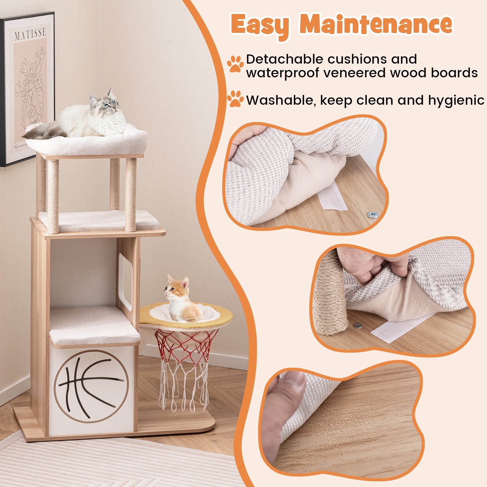 47 Inches Wooden Cat Tree with 2-Story Cat Condo and Basketball Hoop Hammock, Natural Cat Trees Condos & Scratchers at Gallery Canada