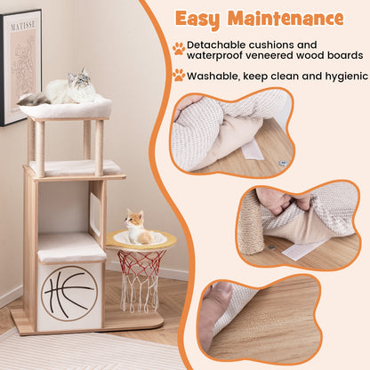 47 Inches Wooden Cat Tree with 2-Story Cat Condo and Basketball Hoop Hammock, Natural Cat Trees Condos & Scratchers at Gallery Canada