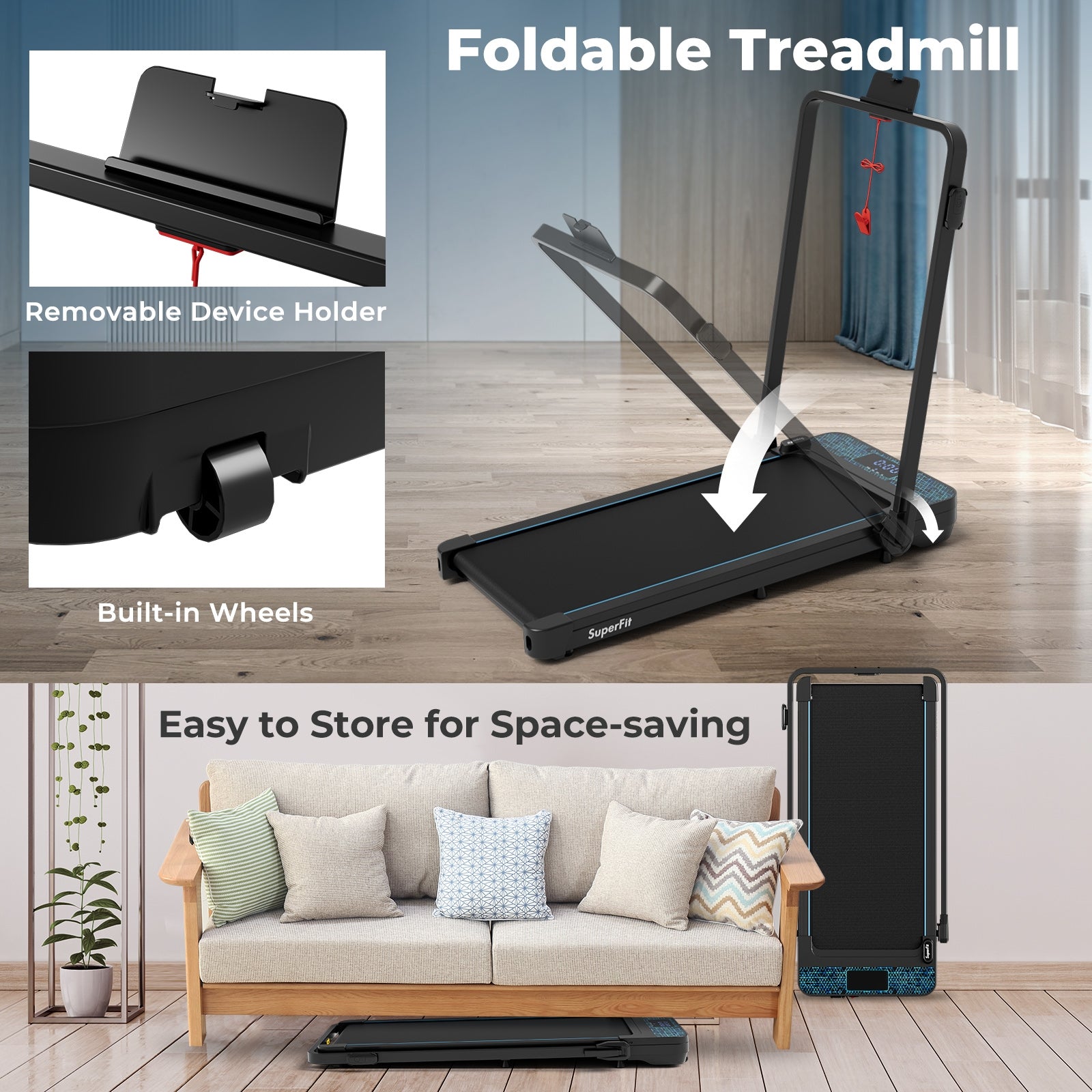2 in 1 Folding Treadmill with 300 LBS Capacity and Remote Control for Home, Black Treadmills at Gallery Canada