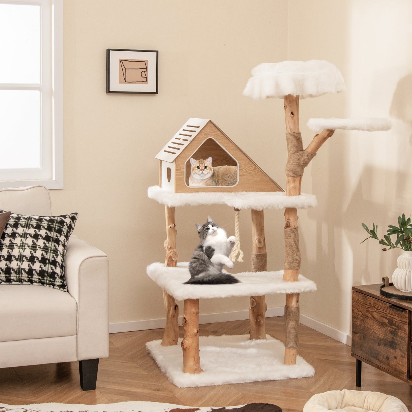 60 Inch Tall Solid Wood Cat Tree Modern Wooden Cat Tower with 2 Perches, White Cat Trees Condos & Scratchers at Gallery Canada