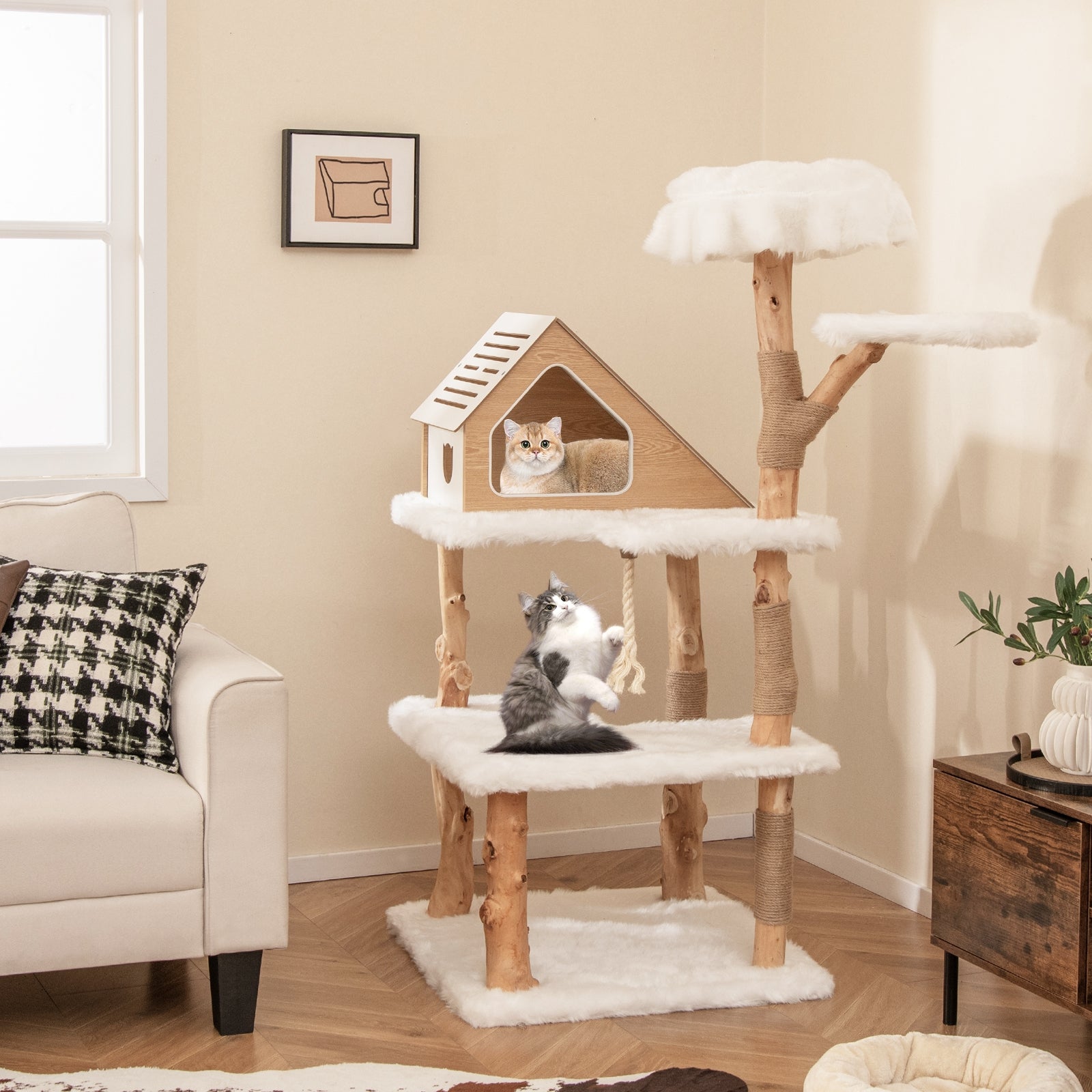 60 Inch Tall Solid Wood Cat Tree Modern Wooden Cat Tower with 2 Perches, White Cat Trees Condos & Scratchers at Gallery Canada