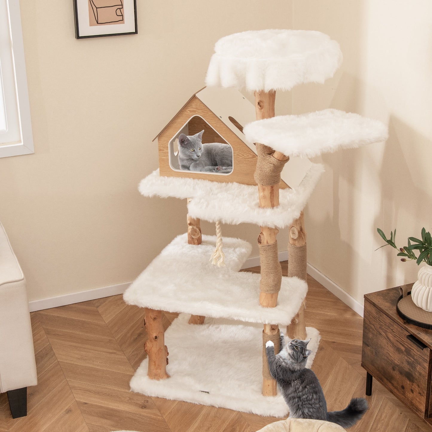 60 Inch Tall Solid Wood Cat Tree Modern Wooden Cat Tower with 2 Perches, White Cat Trees Condos & Scratchers at Gallery Canada