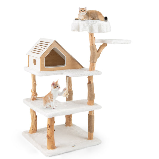 60 Inch Tall Solid Wood Cat Tree, Modern Wooden Cat Tower, 2 Perches, White Cat Trees Condos & Scratchers White at Gallery Canada